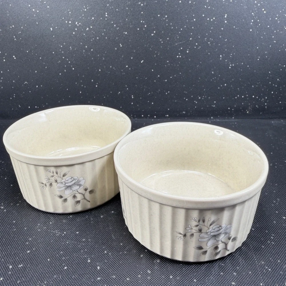 Southampton Stoneware Collection Ramekins Set 2 Grey Floral Cream Made in Japan